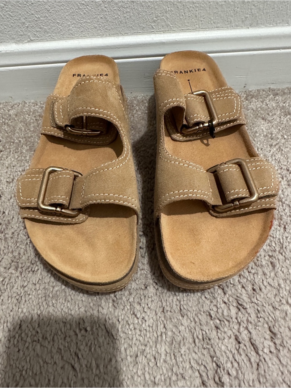 New without tags Tan Suede Double-Buckle Slide Sandals